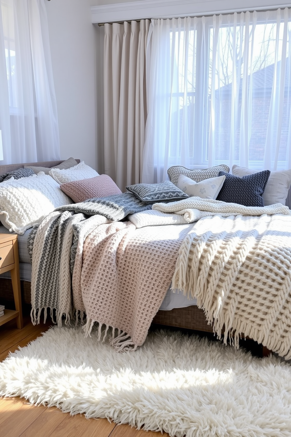 A cozy winter bedroom featuring layered blankets in various textures and colors. The bed is adorned with a mix of chunky knit throws and soft fleece blankets, creating a warm and inviting atmosphere. Natural light filters through sheer curtains, illuminating the space with a soft glow. A plush area rug adds comfort underfoot, while decorative pillows enhance the overall aesthetic.