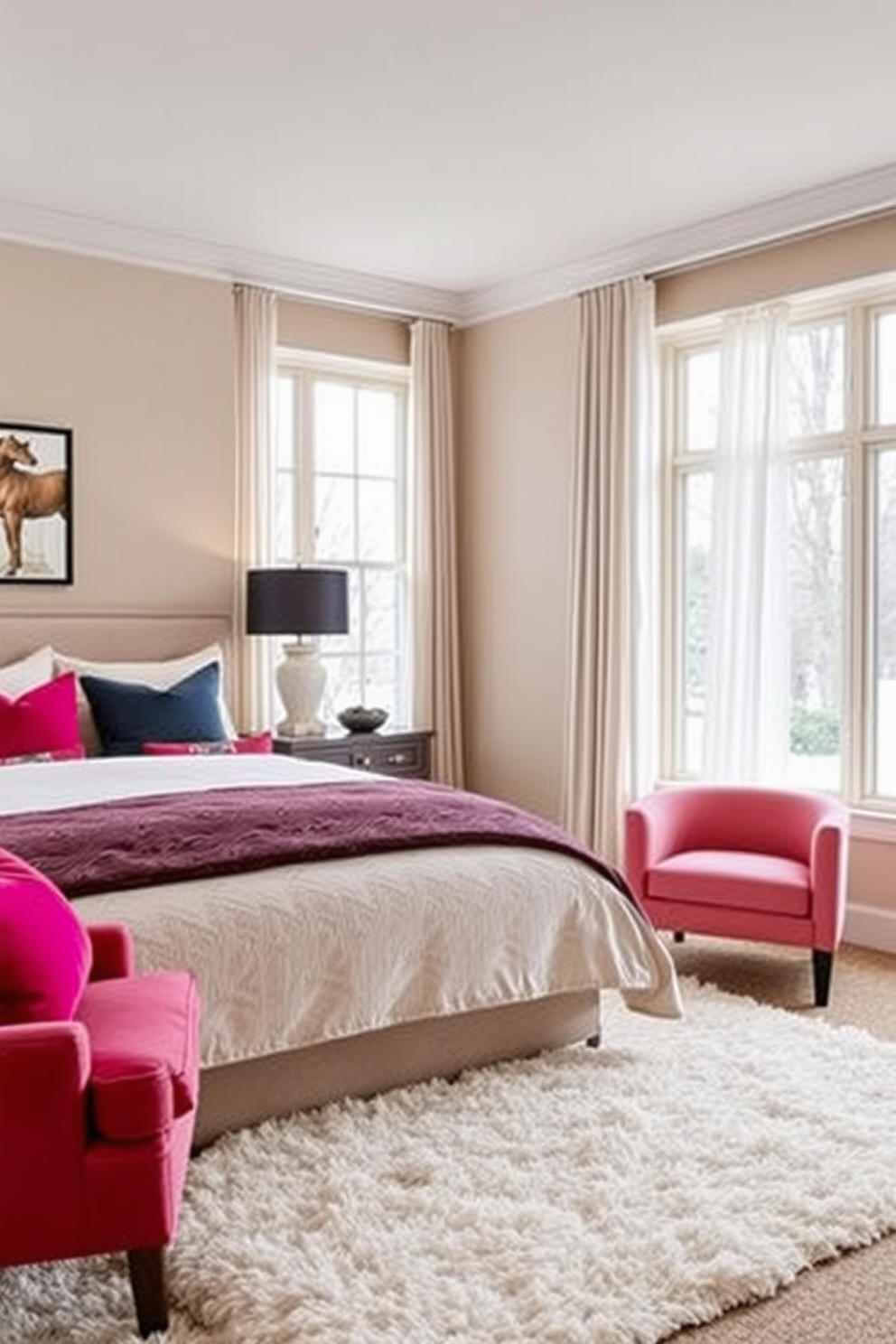 A cozy winter bedroom featuring neutral tones with pops of color. The walls are painted a soft beige while the bedding showcases vibrant throw pillows in rich jewel tones. A plush area rug adds warmth underfoot, complemented by a stylish armchair in a bold hue. Large windows allow natural light to filter in, adorned with sheer curtains that gently sway in the breeze.