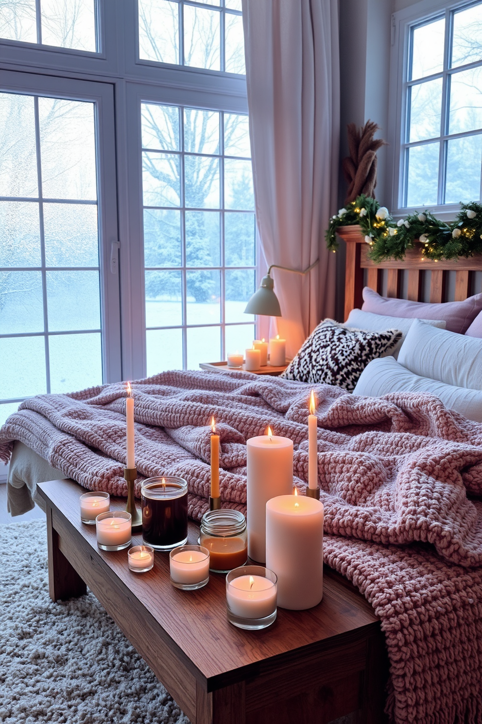 A cozy winter bedroom adorned with soft textures and warm colors. A collection of scented candles in various sizes is arranged on a wooden bedside table, casting a gentle glow throughout the space. The bed is dressed in plush blankets and layered pillows, creating an inviting atmosphere. Frosted windowpanes frame the serene winter landscape outside, enhancing the room's tranquil vibe.