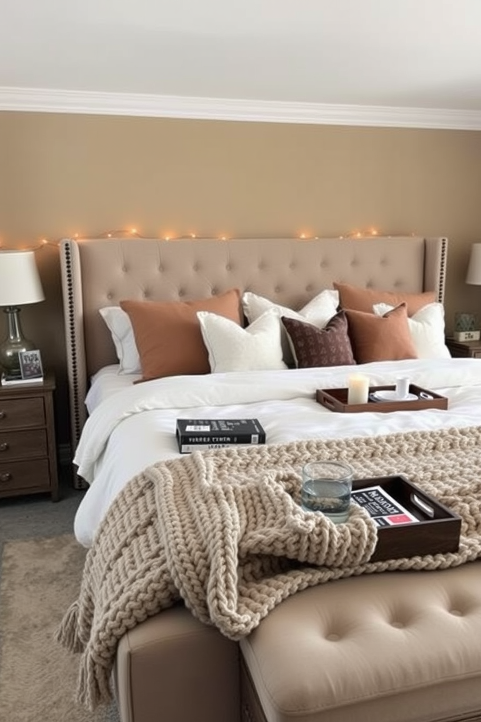 A cozy winter bedroom featuring a large upholstered bed layered with plush blankets and decorative pillows. On the nightstands, decorative trays hold small items like books, candles, and a glass of water, adding both functionality and style. The walls are painted in a soft, warm hue, creating an inviting atmosphere perfect for the season. A chunky knit throw is draped over the foot of the bed, and fairy lights are strung along the window, enhancing the winter ambiance.