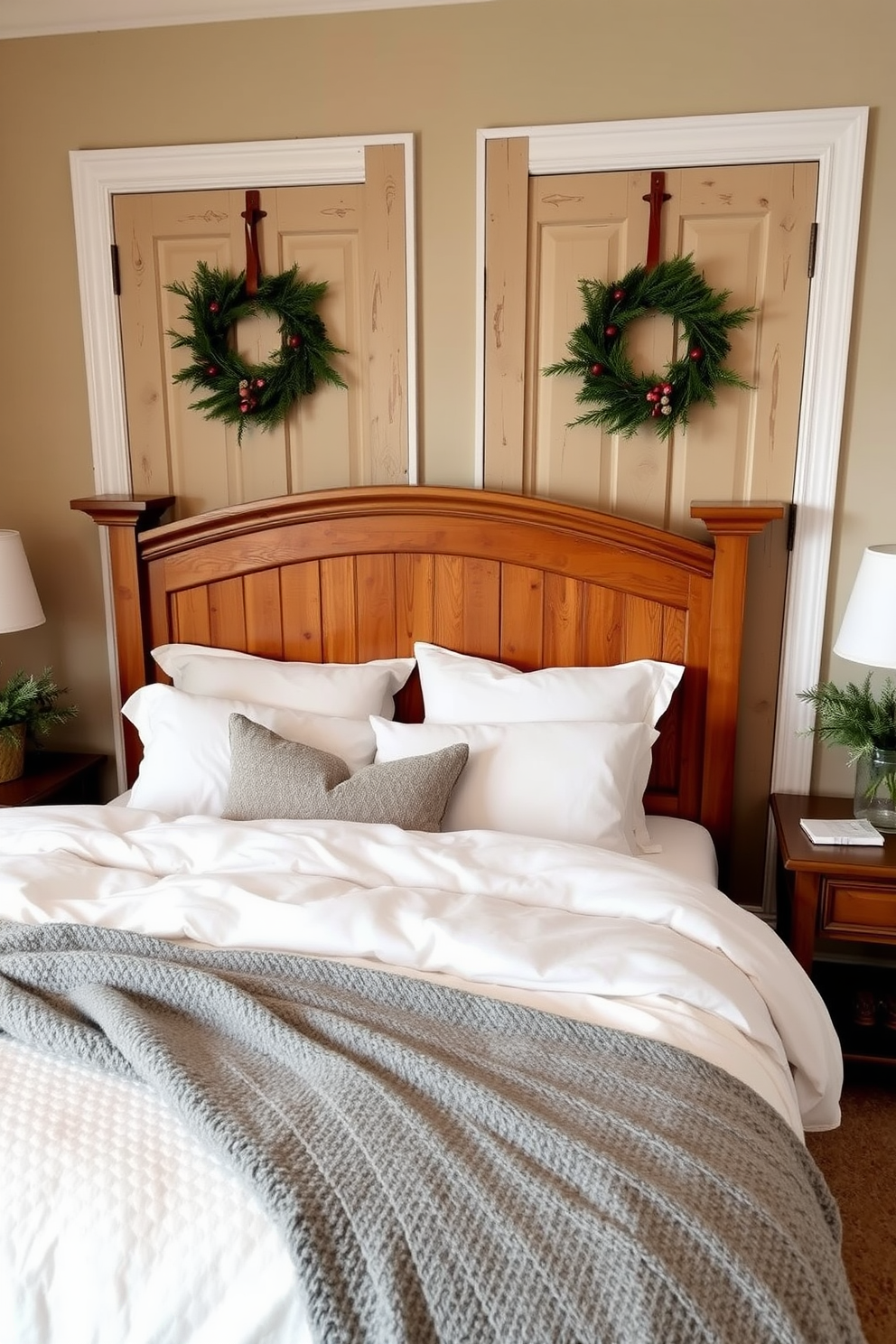 A cozy winter bedroom featuring a beautifully crafted wooden bed adorned with plush white bedding and a soft gray throw blanket. Seasonal wreaths made of evergreen branches and accented with red berries are hung on the doors, bringing a festive touch to the space. The walls are painted in a warm, neutral tone that complements the natural wood elements throughout the room. Soft, ambient lighting from bedside lamps creates an inviting atmosphere, perfect for winter nights.