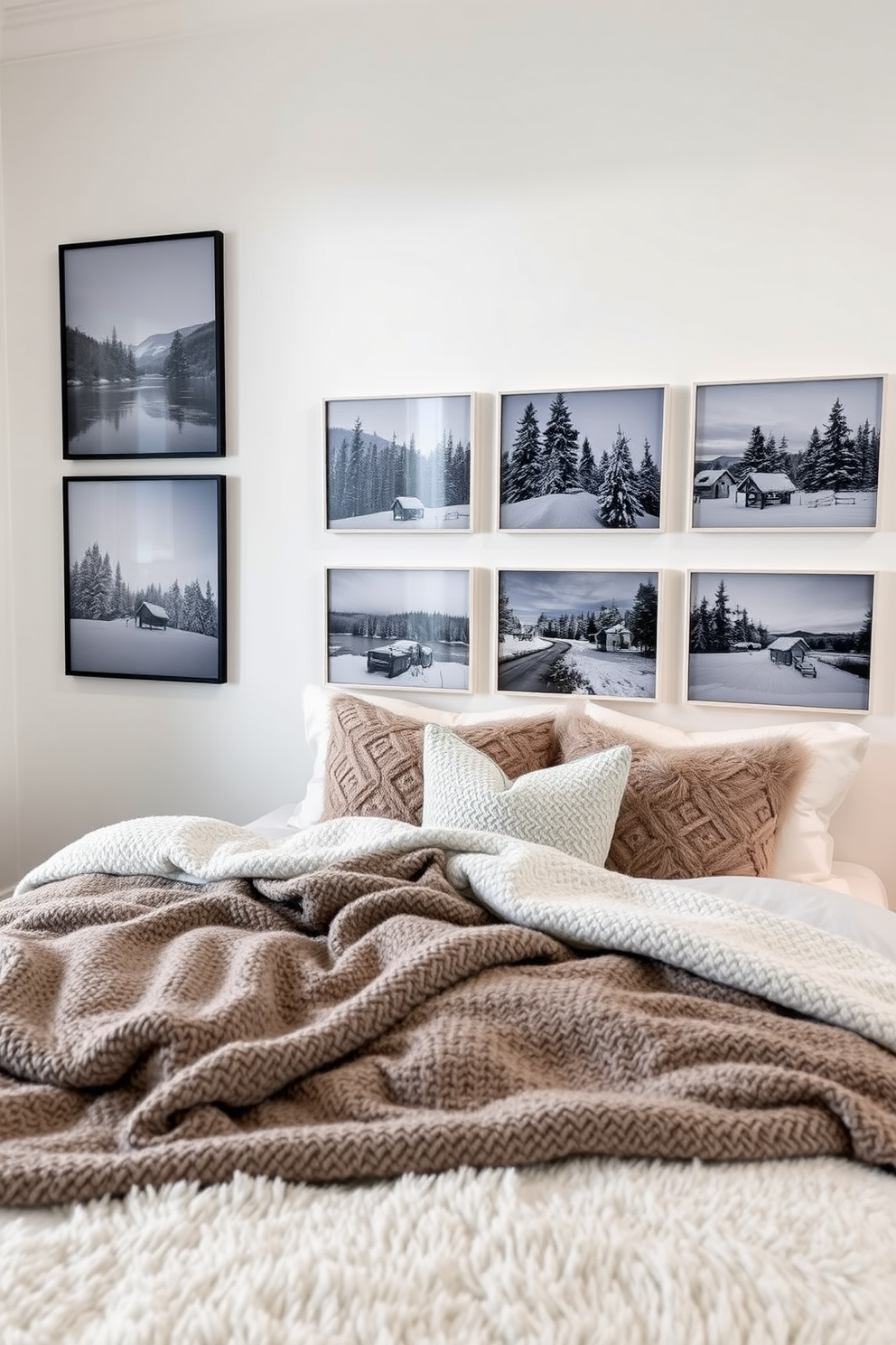 A cozy winter bedroom featuring personalized photo displays showcasing serene winter scenes. The walls are adorned with framed photographs of snowy landscapes, and a plush bed is dressed in soft, layered blankets and pillows in cool tones.