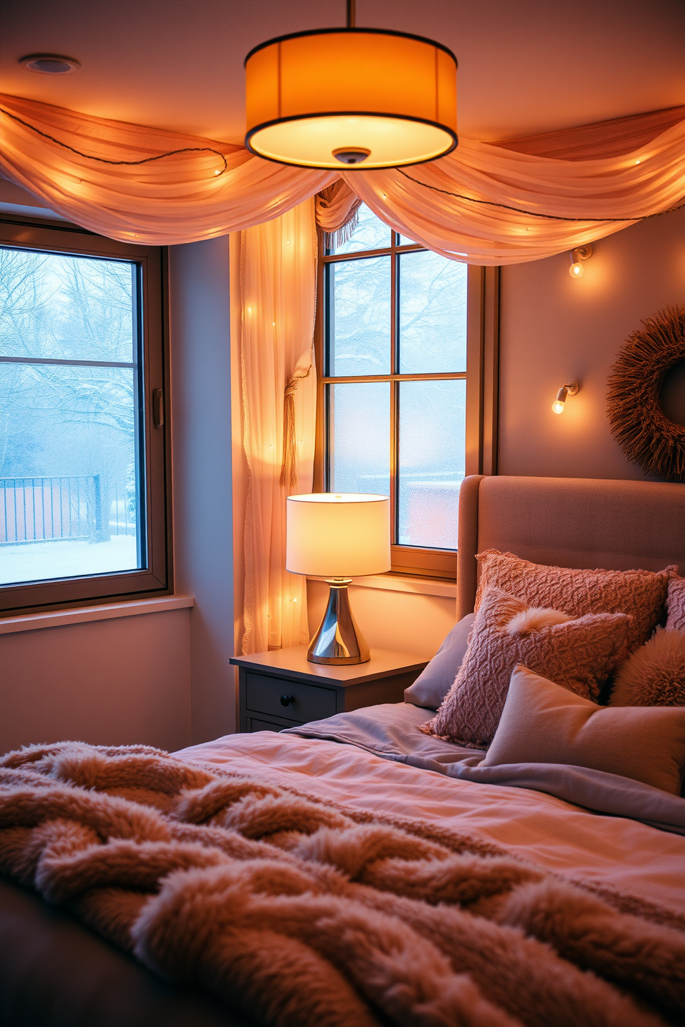 A cozy winter bedroom adorned with warm lighting fixtures that provide soft illumination. The room features a plush bed with layered blankets and decorative pillows in soft, neutral tones. A stylish bedside table holds a contemporary lamp with a warm glow, creating an inviting atmosphere. Frosted glass windows allow gentle light to filter in, enhancing the serene winter ambiance.