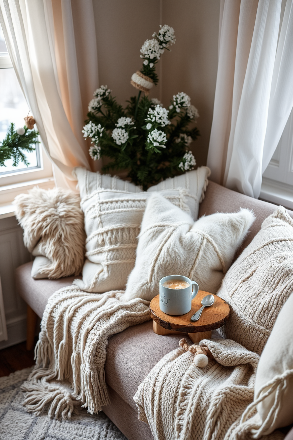 A cozy winter bedroom featuring comfortable seating with plush cushions in soft, neutral tones. The seating area is adorned with a warm throw blanket and a small, rustic side table holding a steaming mug of cocoa.