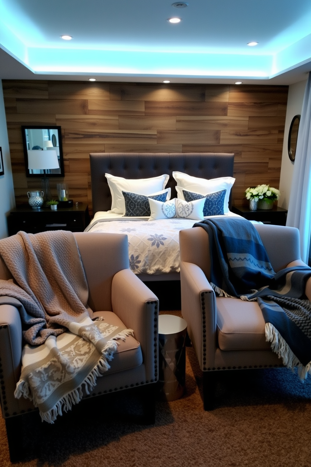 A cozy winter bedroom featuring a plush bed adorned with seasonal throw blankets draped over stylish chairs. The room is illuminated by soft ambient lighting, and accents of deep blues and whites create a serene atmosphere.