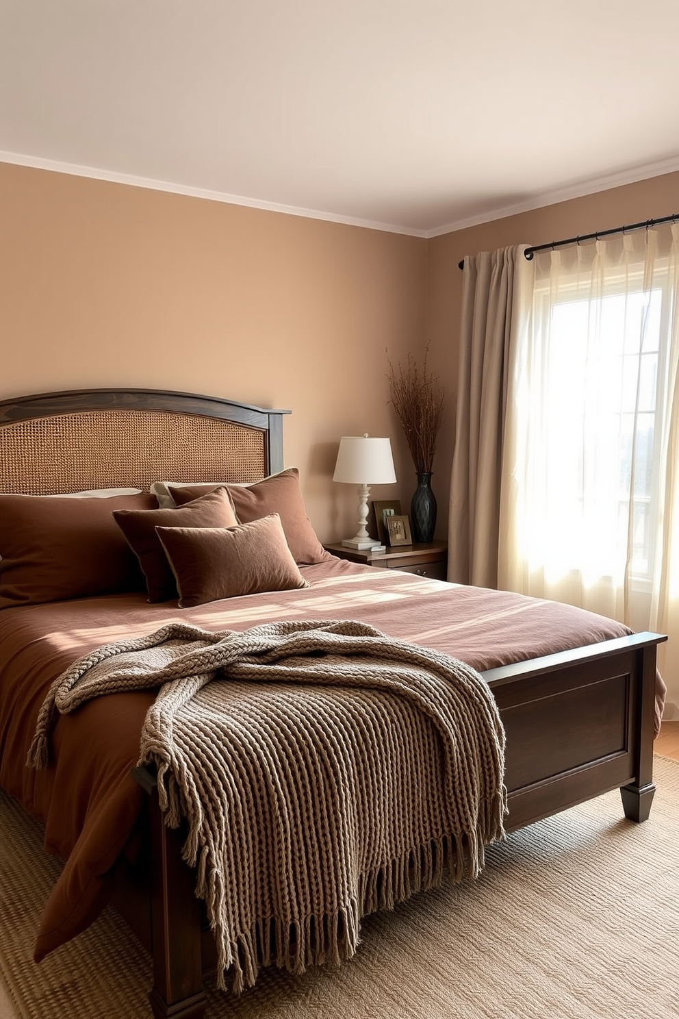 A cozy winter bedroom featuring a warm color palette with earth tones. The walls are painted a soft taupe, complemented by rich brown bedding and plush throw pillows. A wooden bed frame with a textured headboard anchors the room, while a knitted blanket drapes over the foot of the bed. Natural light filters through sheer curtains, creating a serene and inviting atmosphere.