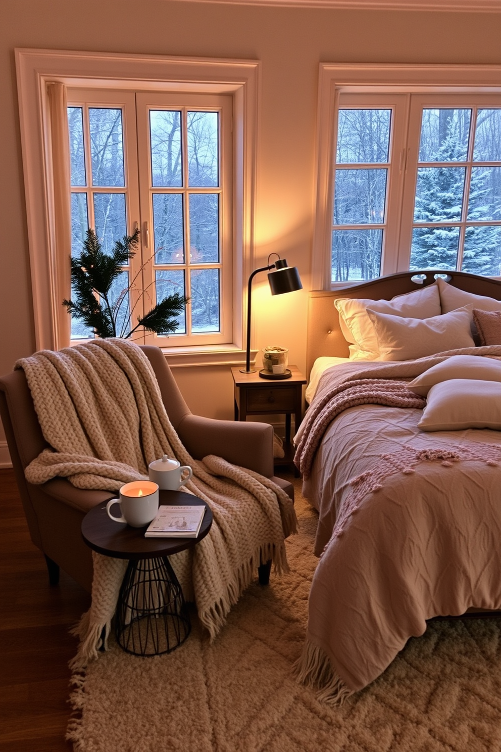 A cozy corner for winter reading. A plush armchair is nestled in front of a large window, draped with a soft knitted blanket. A small side table holds a steaming cup of tea and a stack of books. Warm ambient lighting from a nearby floor lamp creates an inviting atmosphere. Winter Bedroom Decorating Ideas. The bedroom features a king-sized bed dressed in thick, layered blankets and fluffy pillows. Soft, neutral colors dominate the walls, while a large area rug adds warmth underfoot.