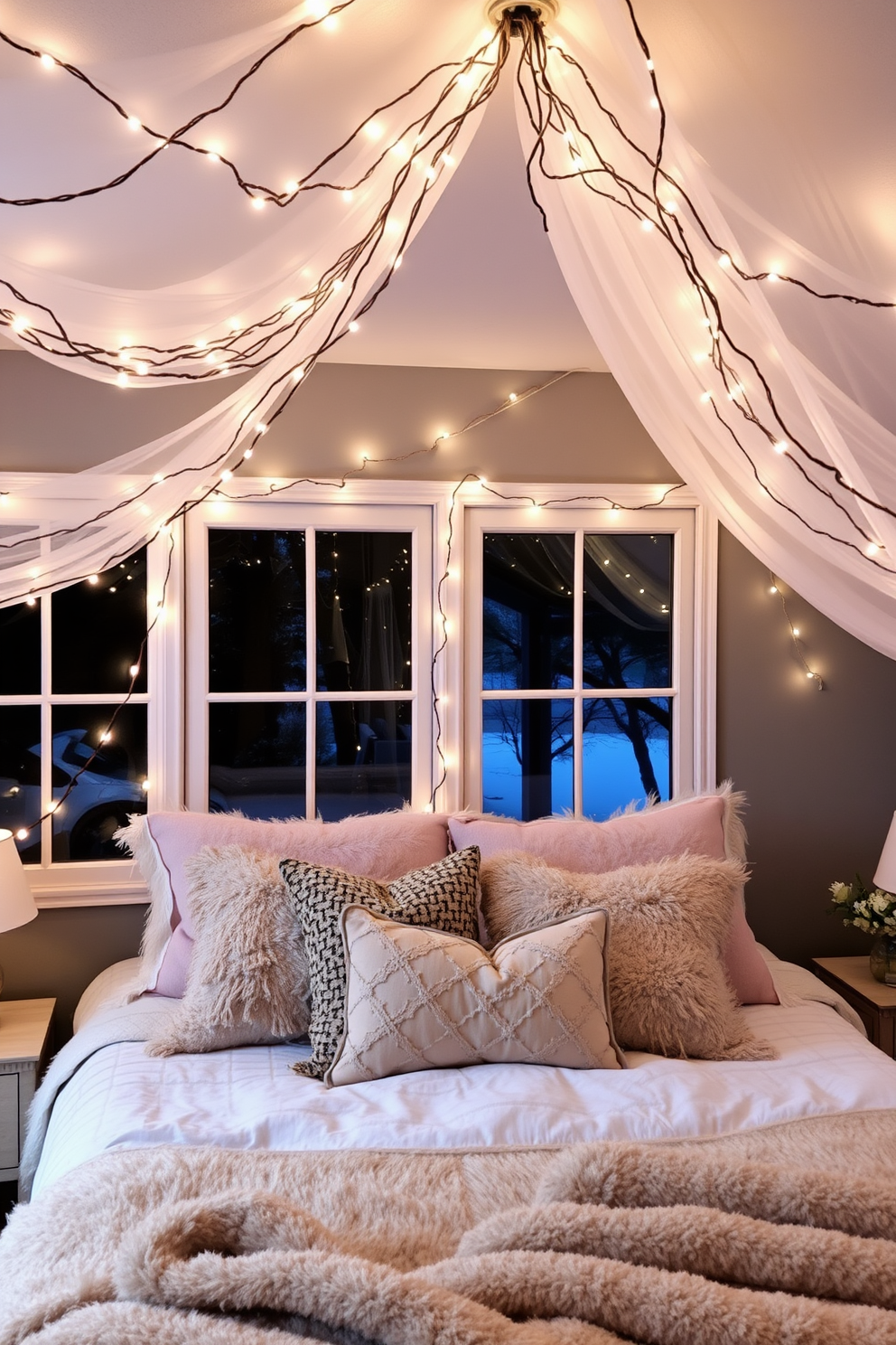 Create a cozy winter bedroom that features twinkling fairy lights draped across the ceiling and around the window frames. The bed is adorned with plush blankets and decorative pillows in soft, neutral tones, creating a warm and inviting atmosphere.