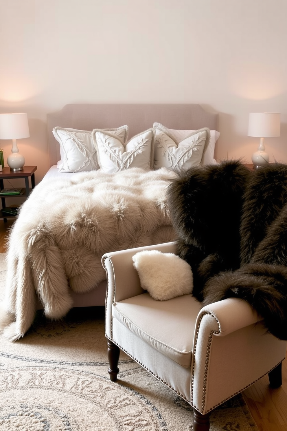 A cozy winter bedroom adorned with faux fur throws draped over the bed and armchair. Soft, muted colors create a serene atmosphere, complemented by warm lighting and textured pillows.