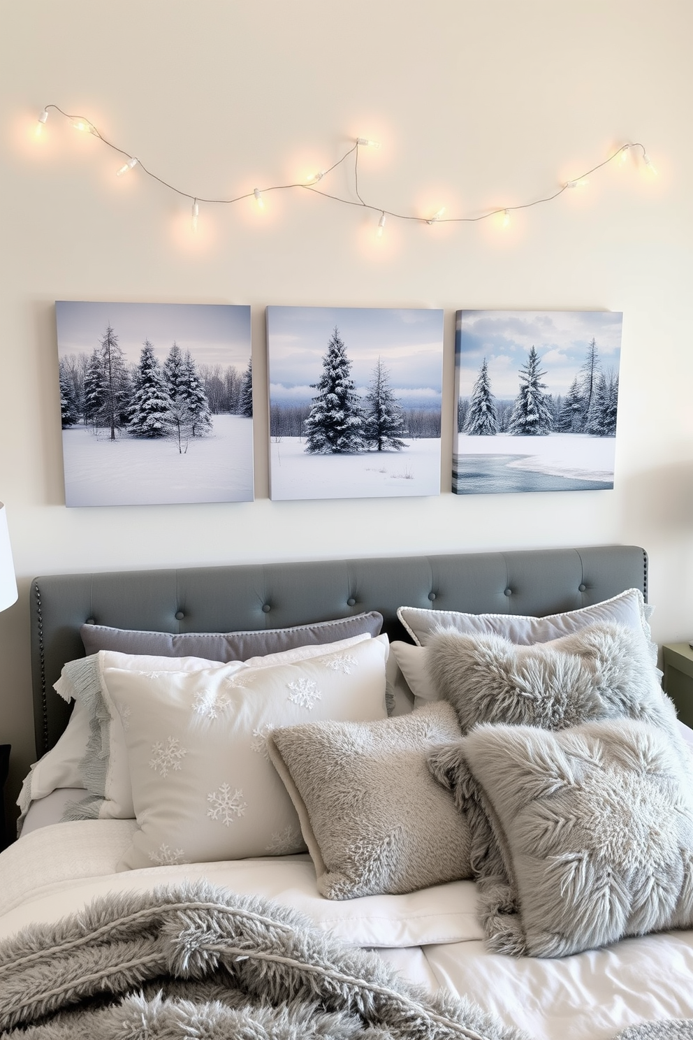 A cozy winter-themed bedroom featuring wall art decorations that evoke a sense of warmth and tranquility. The artwork includes serene landscapes with snowy scenes and soft color palettes that complement the overall decor. The bedroom is adorned with plush textiles and layered bedding in shades of white, gray, and icy blue. Decorative pillows with winter motifs and a faux fur throw add a touch of comfort and style to the space.