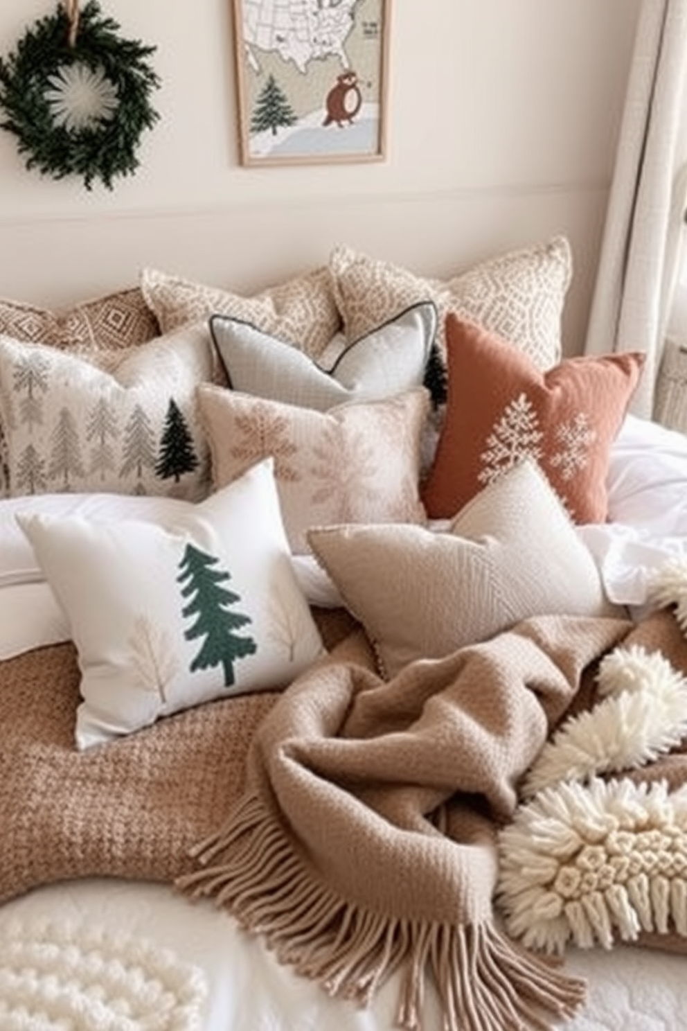 A cozy winter bedroom adorned with pillows featuring various winter patterns and textures. The bedding is layered with soft throws and fluffy blankets, creating a warm and inviting atmosphere.