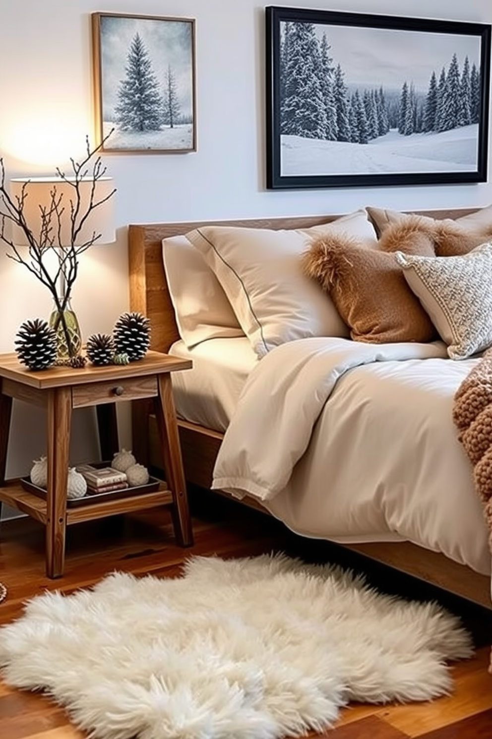 A cozy winter bedroom filled with natural elements. Pinecones and branches are artistically arranged on the bedside table, complemented by soft, warm bedding in neutral tones. The walls are adorned with seasonal artwork featuring winter landscapes. A plush area rug adds warmth to the wooden floor, creating an inviting atmosphere.