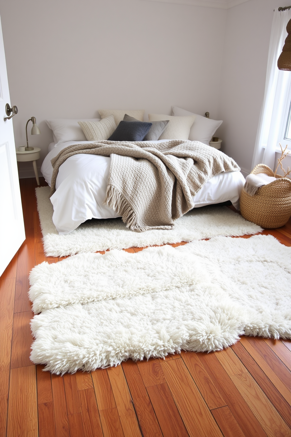 A cozy winter bedroom setting featuring soft area rugs layered on a warm wooden floor. The room is adorned with plush bedding in neutral tones, complemented by decorative pillows and a chunky knit throw.