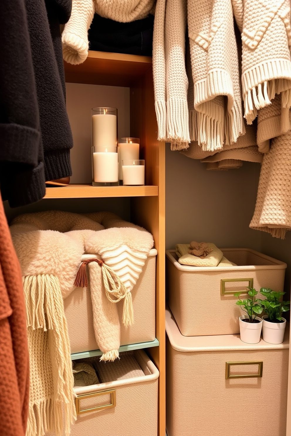 A winter closet adorned with cozy elements. Soft textures and warm colors create an inviting atmosphere, with scented candles placed on a wooden shelf for added ambiance. Plush throws and stylish storage bins are arranged neatly, enhancing both functionality and aesthetics. A touch of greenery from small potted plants brings life to the space, making it feel warm and welcoming.