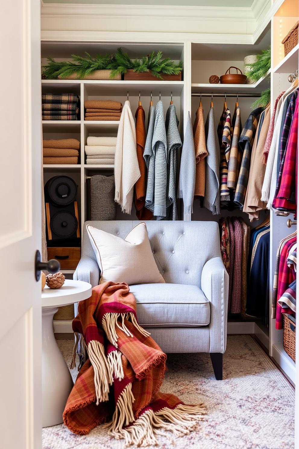 Create a cozy reading nook featuring a plush armchair in a soft gray fabric. Surround it with a collection of colorful throw blankets draped over a nearby side table. Design a winter closet that maximizes storage while showcasing seasonal decor. Incorporate warm lighting and decorative elements like pinecones and evergreen branches for a festive touch.