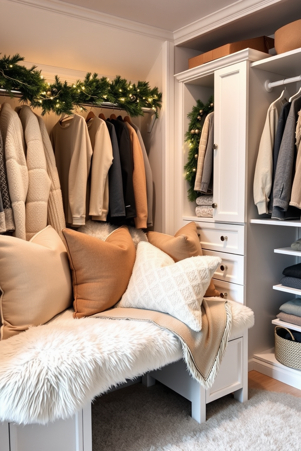 A cozy winter closet features oversized pillows arranged on a plush bench, inviting comfort and warmth. Soft, neutral tones dominate the space, complemented by warm lighting that highlights the textures of the fabrics. The closet is adorned with seasonal decorations, including garlands of evergreen and subtle twinkling lights. Stylish storage solutions are seamlessly integrated, creating an organized yet inviting atmosphere.