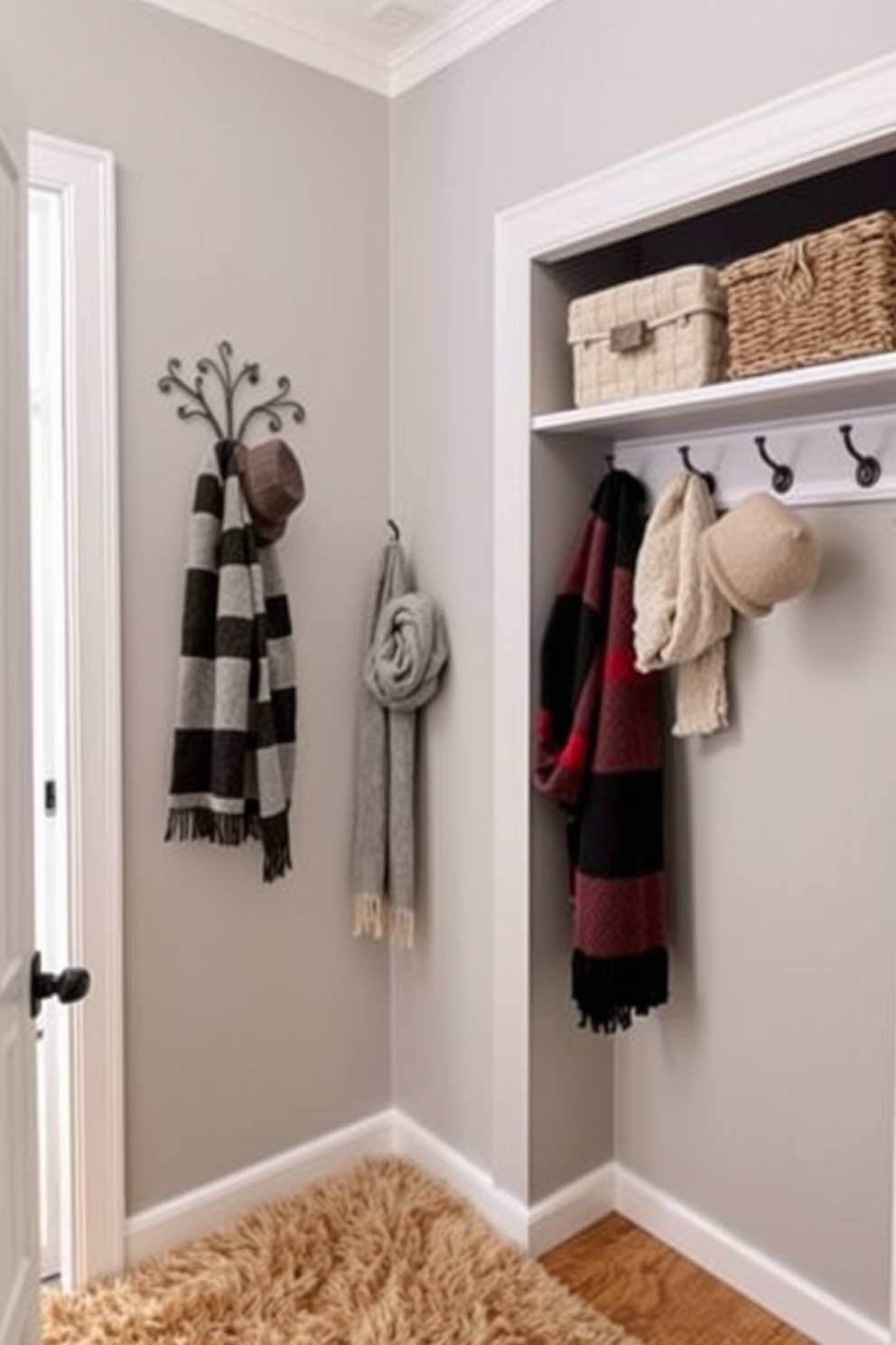 A cozy winter closet with decorative hooks for scarves and hats. The walls are painted in a soft gray color, and the floor is covered with a plush area rug in warm tones.