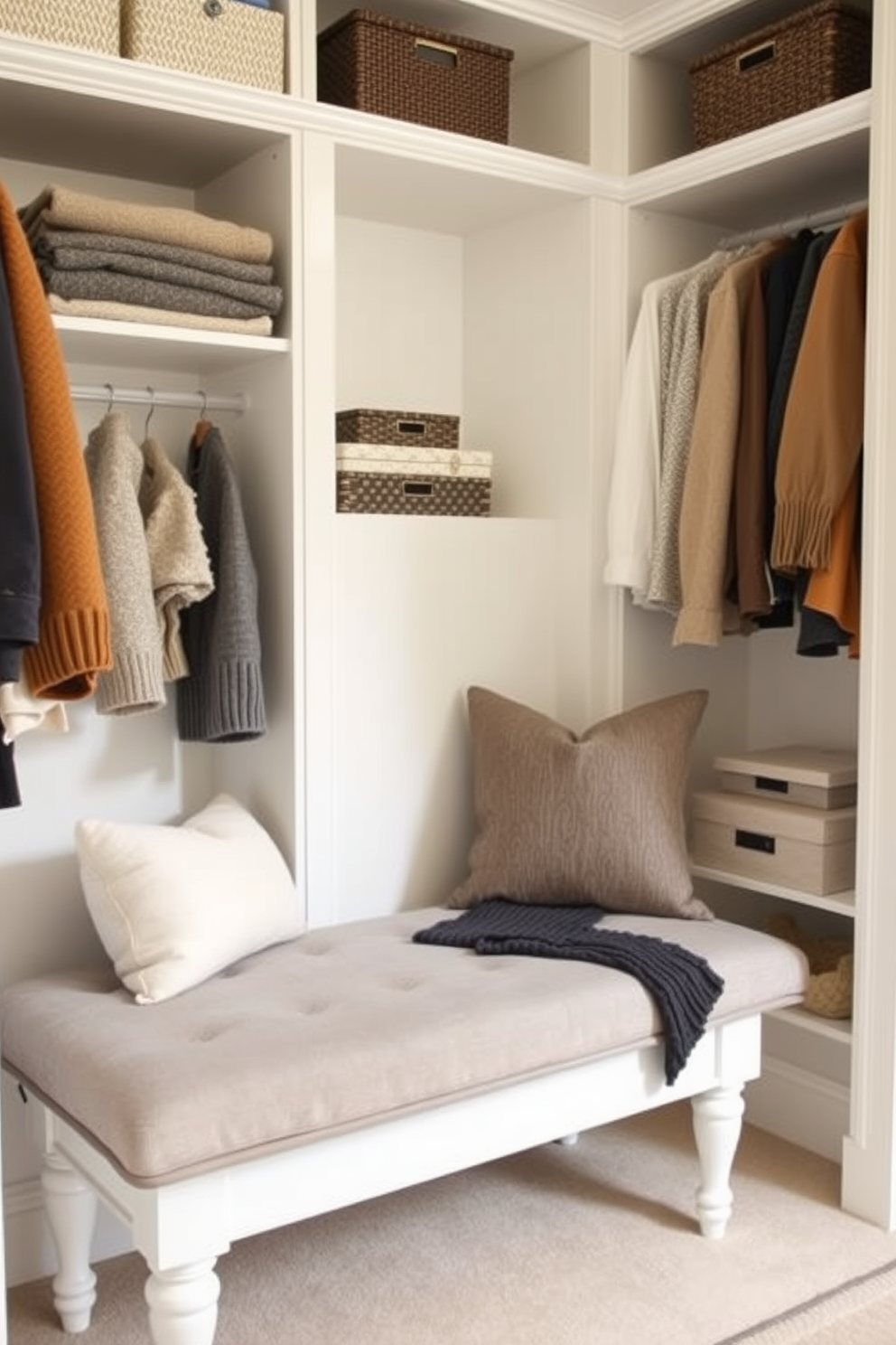 A cozy winter closet featuring a stylish bench for seating. The bench is upholstered in a soft gray fabric, providing comfort and elegance amidst a backdrop of neatly organized winter wear. The walls are painted in a warm white hue, creating a bright and inviting atmosphere. Shelves lined with neatly folded sweaters and a few decorative storage boxes add both functionality and charm to the space.