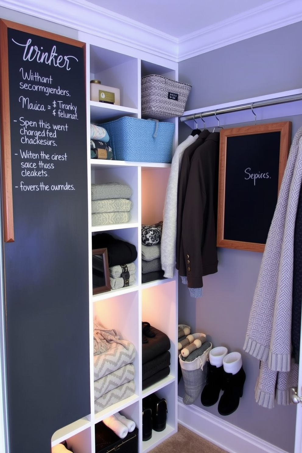 A cozy winter closet setting designed for functionality and style. The walls are painted in a soft gray, and a large chalkboard is mounted on one side for seasonal notes and reminders. Shelves are filled with neatly organized winter clothing, including chunky sweaters and scarves. Soft lighting illuminates the space, creating a warm and inviting atmosphere perfect for the colder months.