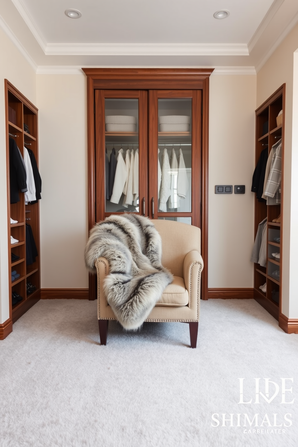 A luxurious winter closet setting. The walls are painted in a soft cream color, and the floor is covered with a plush, light gray carpet. In the center, a spacious wooden wardrobe with glass doors showcases neatly organized clothing. A faux fur throw is draped elegantly over a stylish armchair, adding warmth and comfort to the space.