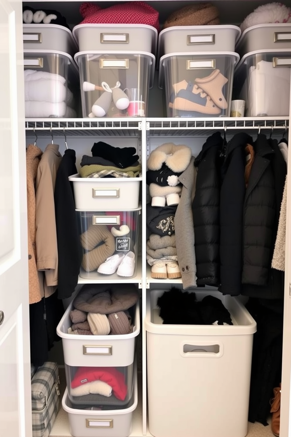 A winter closet decorated with clear bins for organized storage. The bins are neatly arranged on shelves, showcasing a variety of winter clothing and accessories.