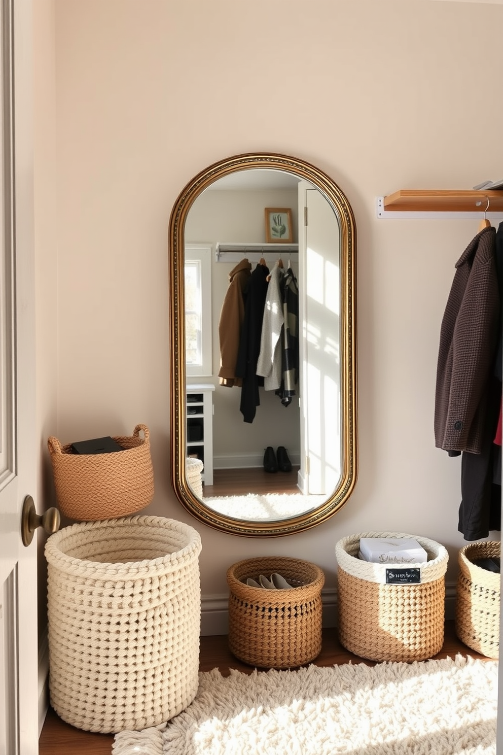 A cozy winter closet featuring a statement mirror that reflects soft natural light. The space is adorned with warm textures, including a plush area rug and knitted storage baskets, creating an inviting atmosphere.