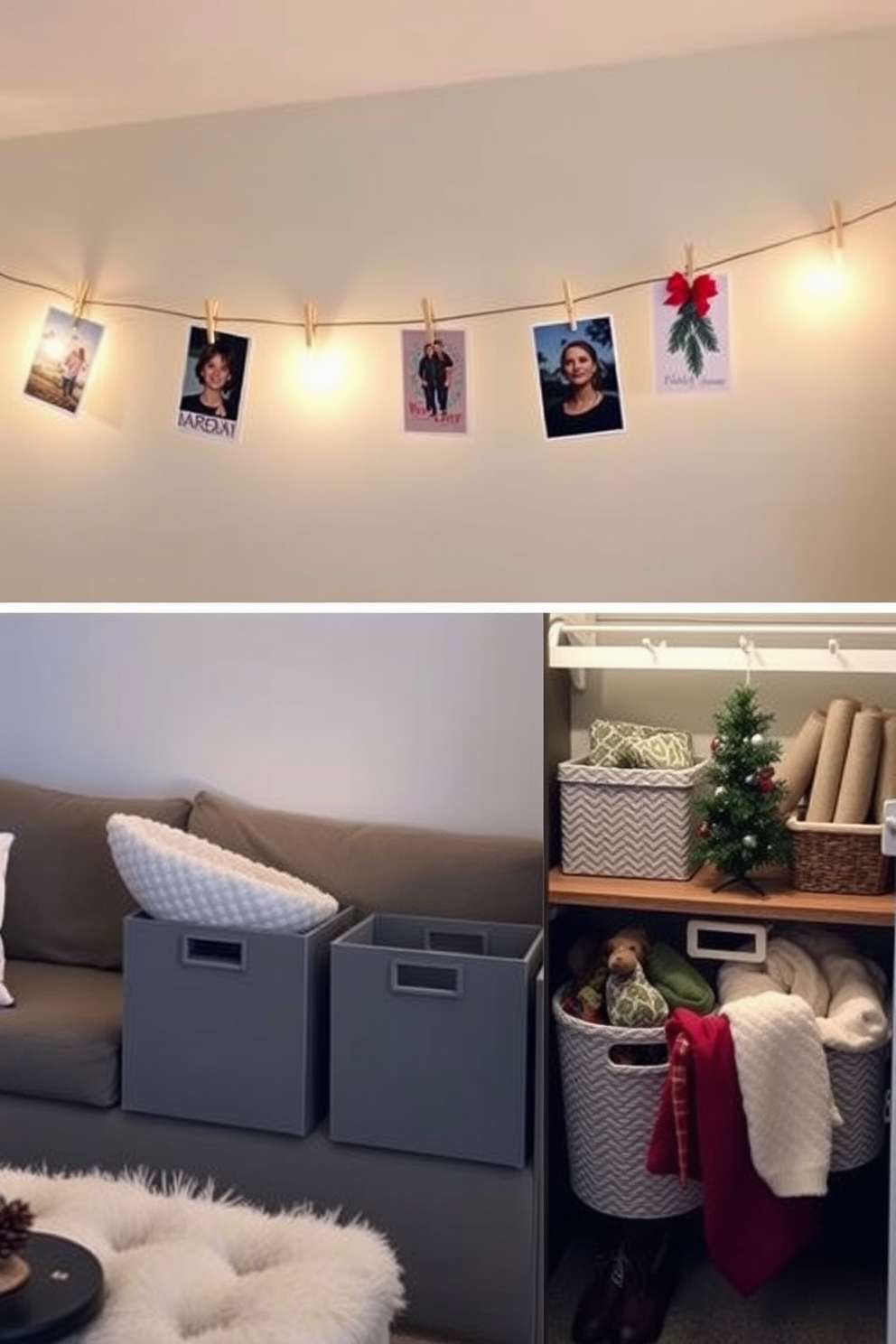 Display holiday cards on a string across a cozy living room wall. The cards are clipped to twine with small clothespins, creating a festive and personal touch. For winter closet decorating ideas, incorporate soft, warm lighting and seasonal decorations. Use decorative bins and baskets to organize winter accessories, enhancing both functionality and style.