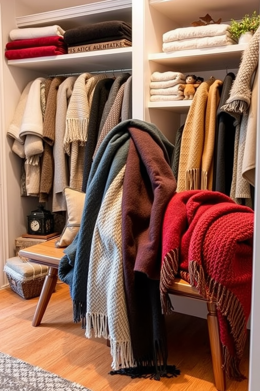 A cozy winter closet setting featuring layered throws in various textures and colors. The throws are artfully draped over a stylish wooden bench, creating a warm and inviting atmosphere. Soft lighting illuminates the space, highlighting the rich fabrics of the throws. Shelves are adorned with neatly folded blankets and seasonal decor, enhancing the overall winter theme.