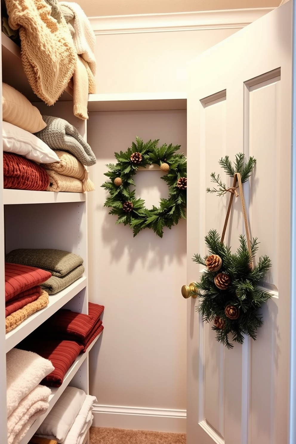 A cozy winter closet decorated with soft blankets and plush pillows. The shelves are lined with neatly folded sweaters in warm tones, while a seasonal wreath made of pinecones and evergreen branches hangs on the door.