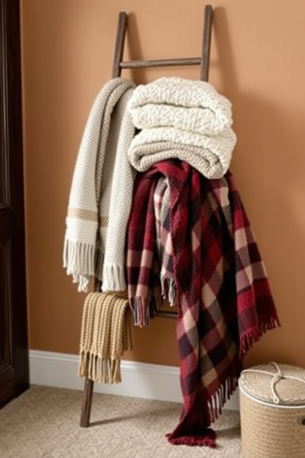 A cozy winter closet featuring a stylish ladder used for displaying an array of soft, textured blankets. The ladder leans against a wall painted in a warm neutral tone, with a selection of cozy knit and plaid blankets draped elegantly over each rung.