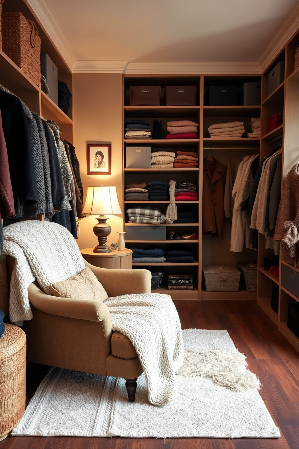 A cozy winter closet featuring a plush armchair nestled in the corner, draped with a soft knitted throw. The walls are painted a warm beige, and the floor is covered with a rich, dark wood, creating an inviting atmosphere. Stylish storage solutions line the shelves, with neatly folded sweaters and seasonal accessories displayed prominently. Soft lighting from a vintage lamp casts a warm glow, enhancing the cozy ambiance of the space.