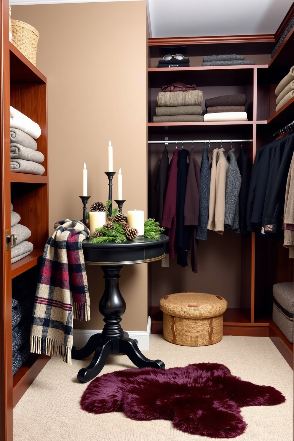 A cozy winter closet featuring a small round table adorned with seasonal decorations. The table is topped with a festive arrangement of pinecones, candles, and a soft plaid throw draped over one side. The closet walls are painted in a warm taupe color, complemented by rich wooden shelves filled with neatly stacked sweaters and accessories. A plush area rug in deep burgundy adds a touch of warmth underfoot, creating an inviting atmosphere.