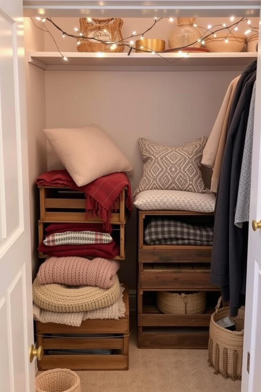 Create a cozy winter closet scene featuring vintage wooden crates stacked in a corner. The crates are filled with warm blankets and decorative pillows, adding rustic charm to the space. Incorporate a soft color palette with muted tones and natural textures. Hang twinkling fairy lights above the crates to enhance the inviting atmosphere.