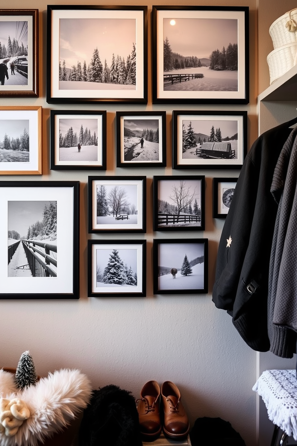 Create a gallery wall featuring a curated selection of winter photos showcasing snowy landscapes and cozy indoor scenes. The frames should vary in size and style, arranged in an aesthetically pleasing layout that draws the eye. Design a winter closet that embraces warmth and functionality. Incorporate soft textures and a neutral color palette with pops of seasonal decor to create an inviting and organized space.