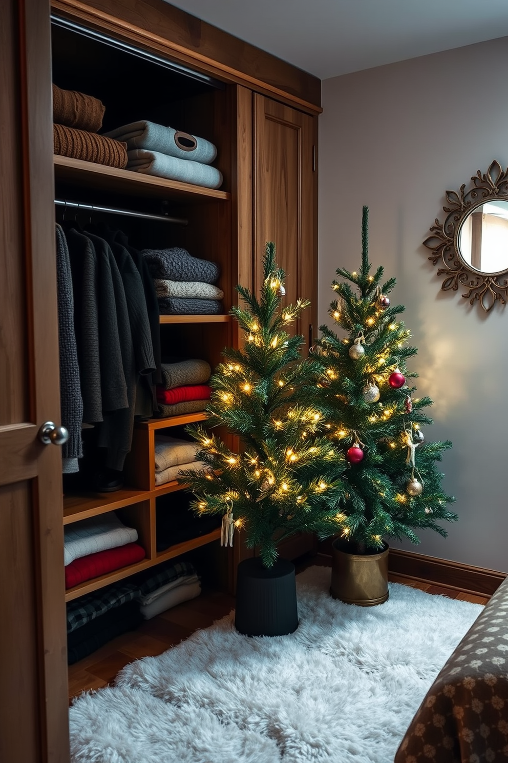 A cozy winter closet featuring a small tree adorned with twinkling lights stands in one corner. The shelves are filled with neatly folded sweaters and scarves, while a plush rug covers the floor to add warmth. Soft, ambient lighting illuminates the space, highlighting the rich wood tones of the closet. A decorative mirror hangs on the wall, reflecting the festive decor and creating an inviting atmosphere.