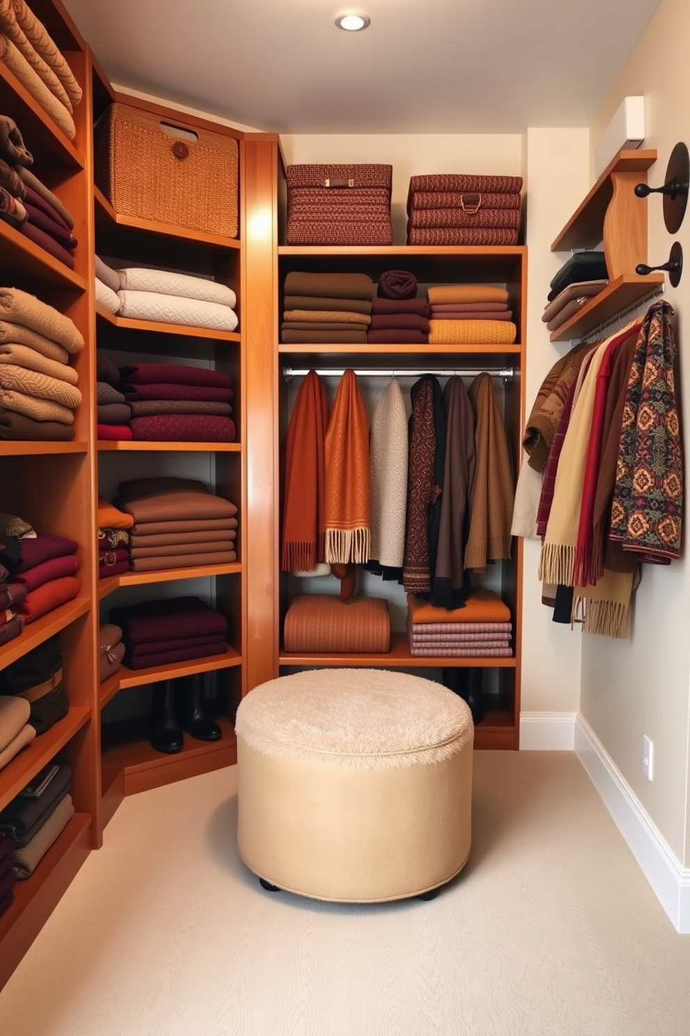 A cozy winter closet featuring warm wooden shelves filled with neatly folded sweaters and scarves in rich, earthy tones. A soft ottoman is placed in the center, upholstered in a plush fabric, providing extra seating and a comfortable spot to put on winter boots. The walls are painted in a soft cream color, creating a bright and inviting atmosphere. Decorative hooks are mounted on the walls to display stylish winter accessories, adding both function and charm to the space.