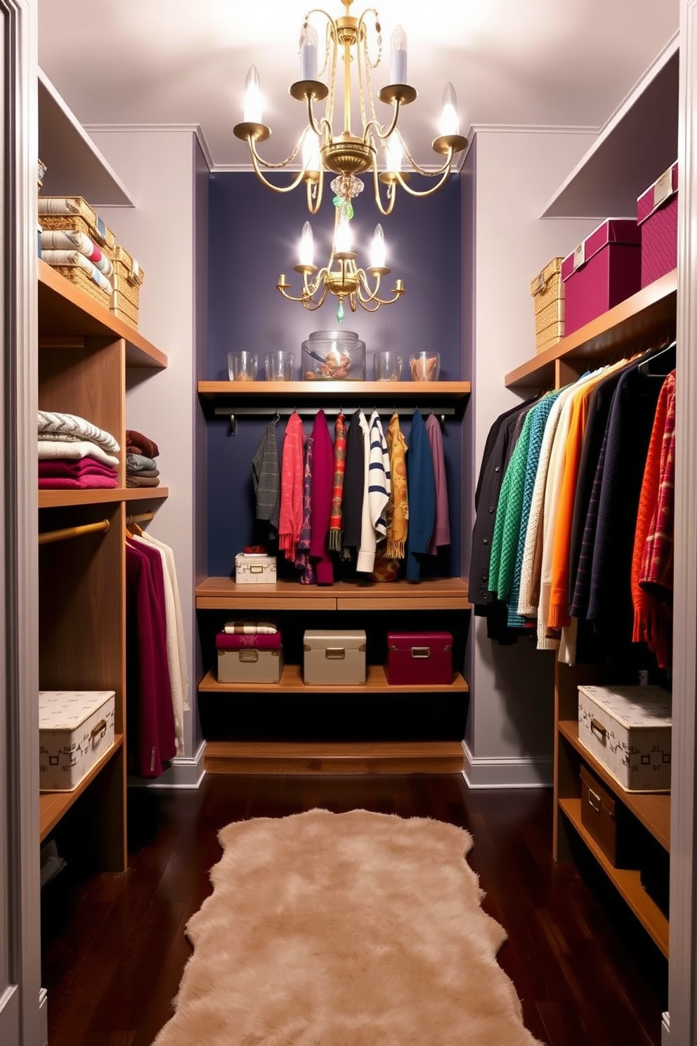 A stylish winter closet featuring a color block theme with rich navy blue and soft gray walls. The closet is organized with wooden shelves displaying neatly folded sweaters and a row of colorful scarves hanging on hooks. A plush area rug in a deep burgundy adds warmth to the space, while a statement chandelier with gold accents provides elegant lighting. Decorative storage boxes in coordinating colors are placed on the shelves, enhancing both functionality and aesthetics.