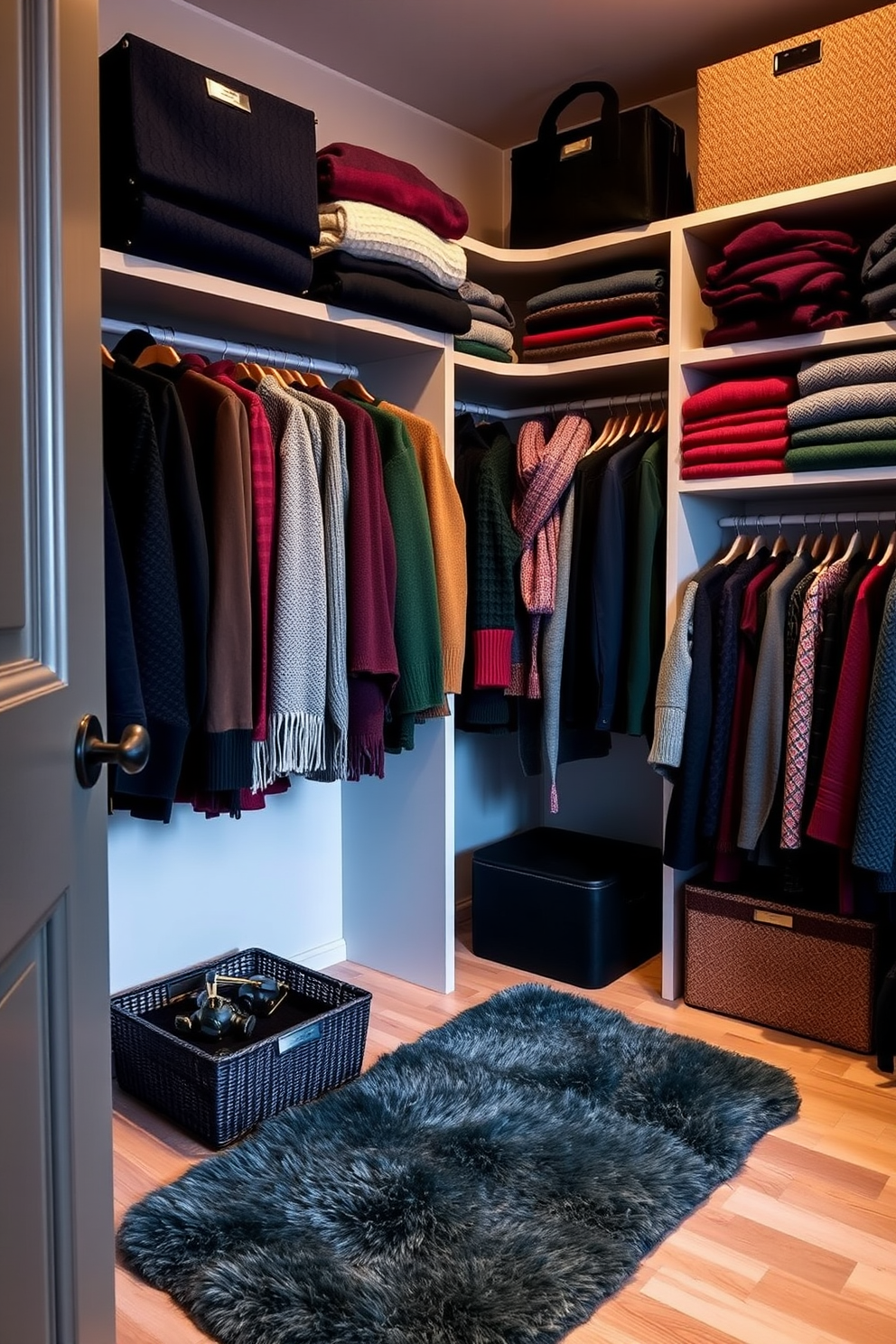 A winter closet adorned with a seasonal color palette featuring deep hues of navy blue, burgundy, and forest green. The shelves are filled with neatly organized sweaters and scarves, while a plush area rug in a coordinating color adds warmth to the space.