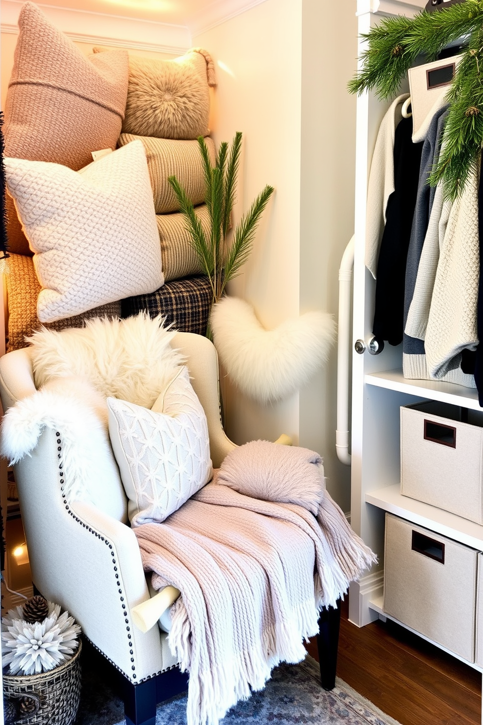 Create a cozy corner with an assortment of plush cushions in varying textures and patterns. Surround the space with warm lighting and a soft throw blanket draped over a stylish armchair. For winter closet decorating ideas, incorporate seasonal elements such as pinecones and evergreen branches. Use neutral storage bins to keep the space organized while adding a touch of winter charm.