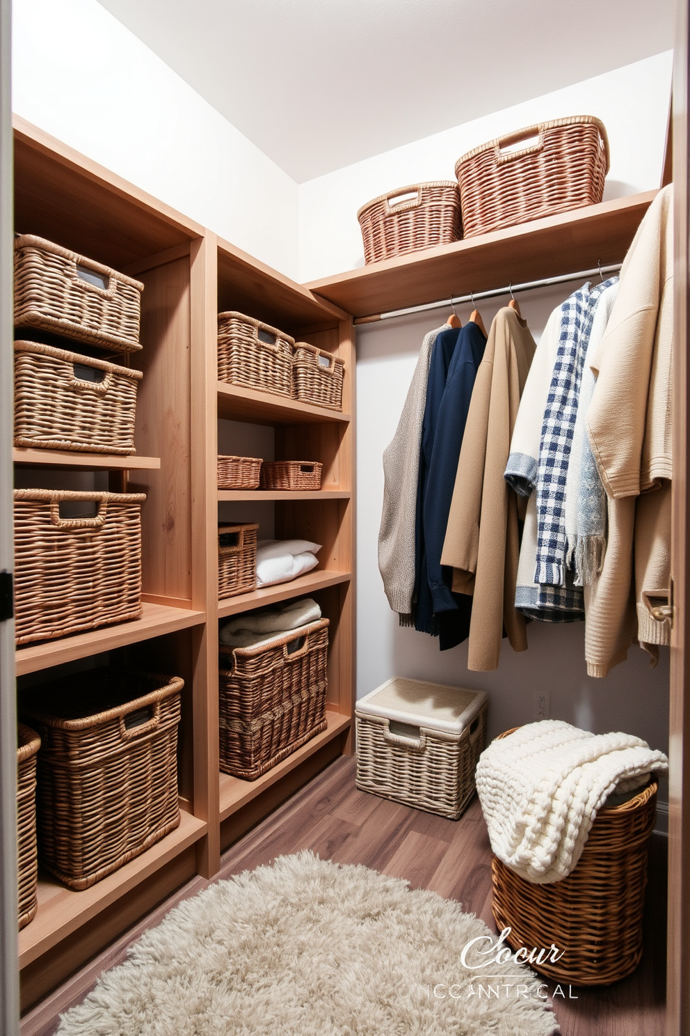 A cozy winter closet filled with stylish wicker baskets for storage. The baskets are neatly arranged on wooden shelves, adding warmth and texture to the space. Soft, neutral colors adorn the walls, creating a calming atmosphere. A plush area rug lies on the floor, inviting comfort as you step into the closet.