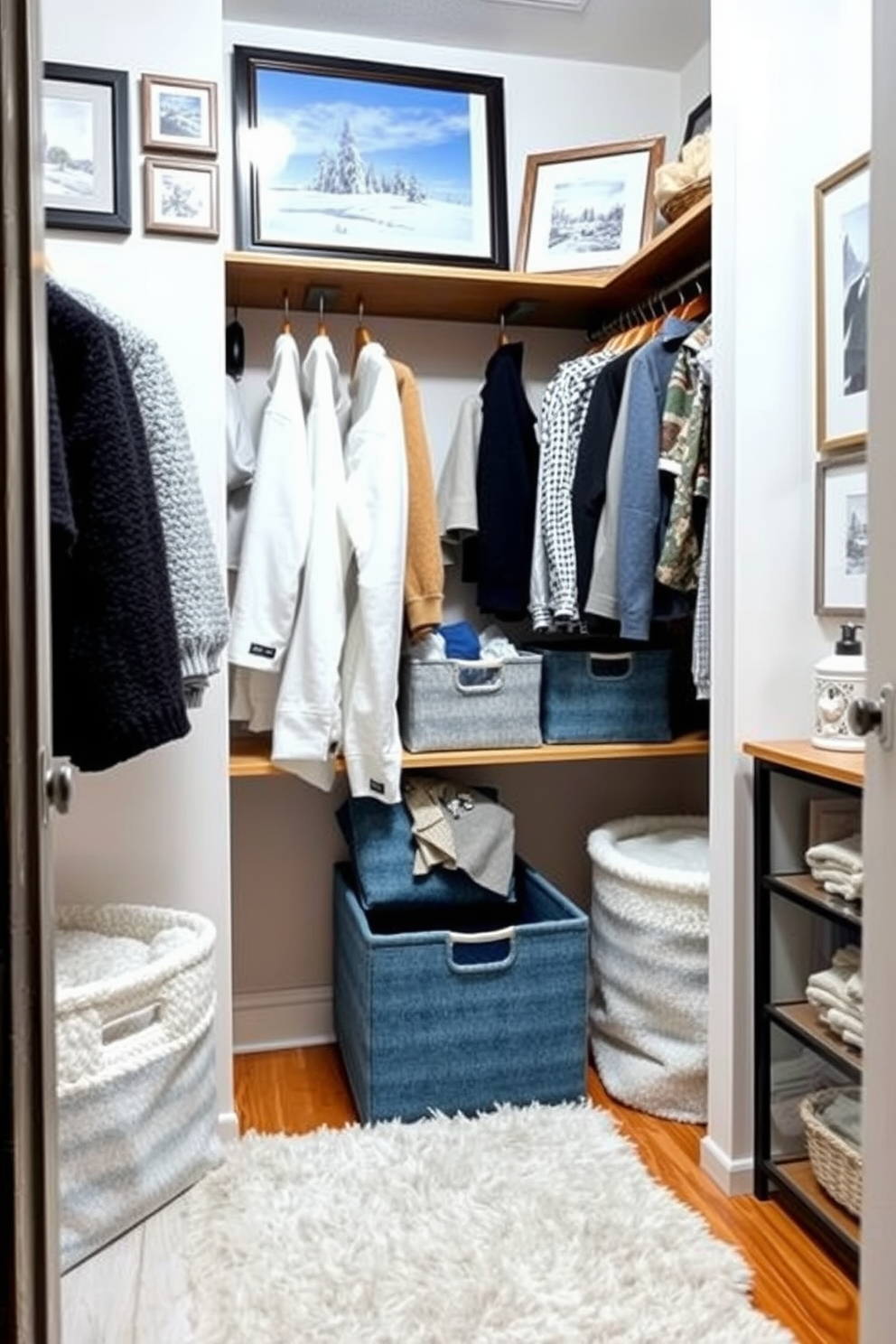 A cozy winter closet adorned with seasonal artwork and prints. The walls are decorated with framed winter landscapes and holiday-themed art, creating a warm and inviting atmosphere. Soft, textured fabrics in shades of white and blue are used for storage bins and organizers. A plush area rug in a snowy pattern lies on the floor, adding comfort and style to the space.