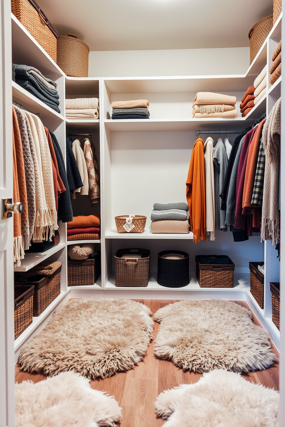 A cozy winter closet decorated with soft plush rugs underfoot for added comfort. The shelves are filled with neatly folded sweaters and scarves in warm, inviting colors, creating a welcoming atmosphere.