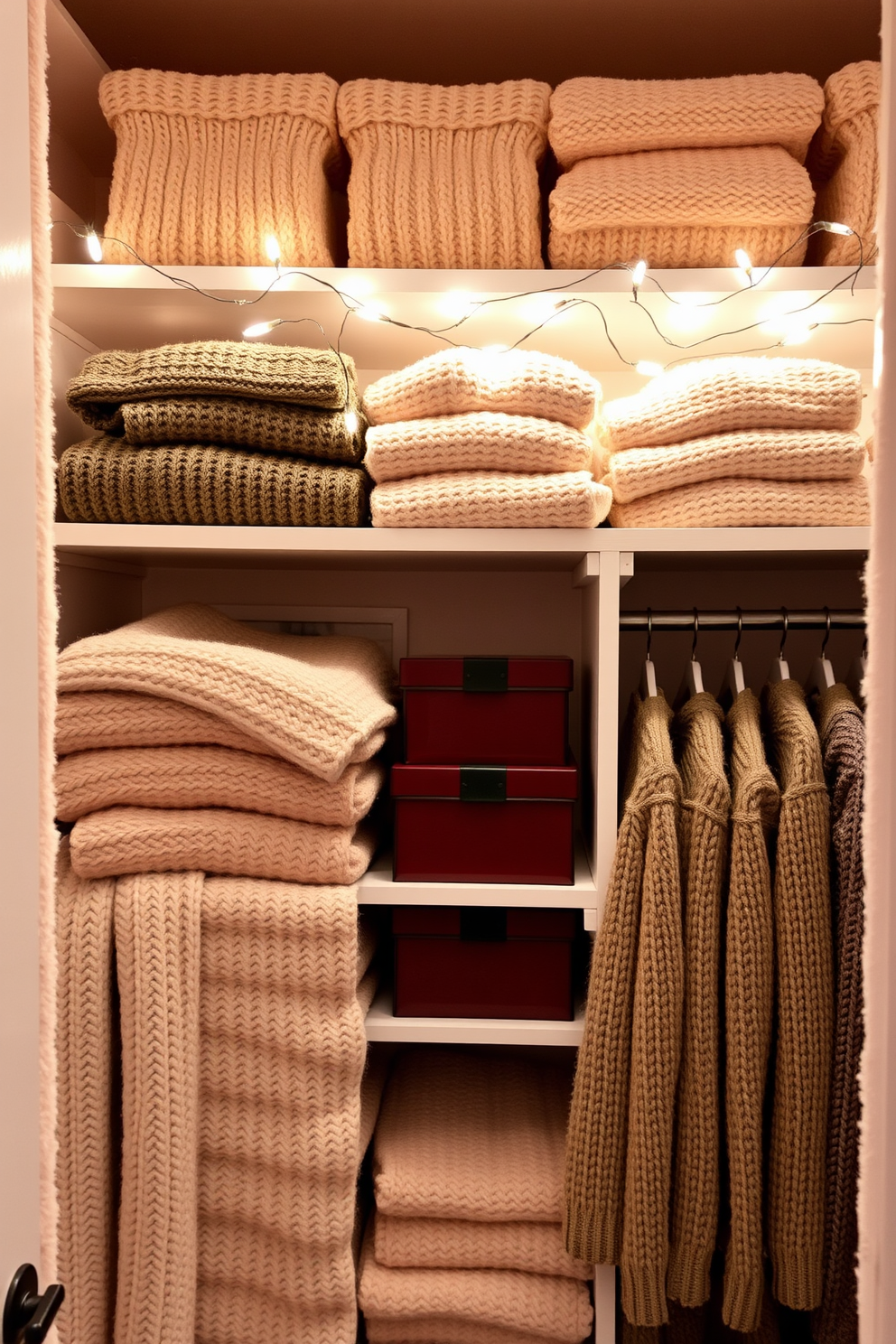 A cozy winter closet filled with soft textures and warm colors. The walls are lined with plush, cream-colored fabric, and shelves are adorned with neatly folded chunky knit sweaters. Fairy lights are draped across the top shelf, casting a gentle glow throughout the space. Decorative boxes in rich burgundy and forest green are organized neatly, adding a touch of elegance to the winter theme.