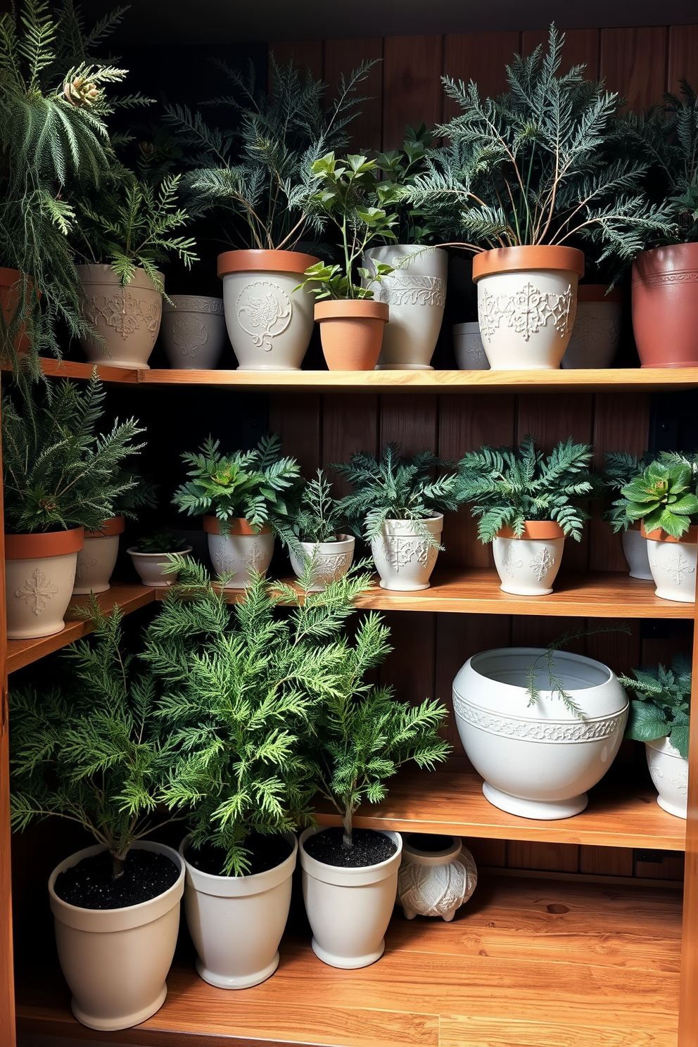 A cozy winter closet filled with decorative pots showcasing lush winter greenery. The pots are arranged neatly on wooden shelves, complemented by soft lighting that enhances the natural beauty of the plants.