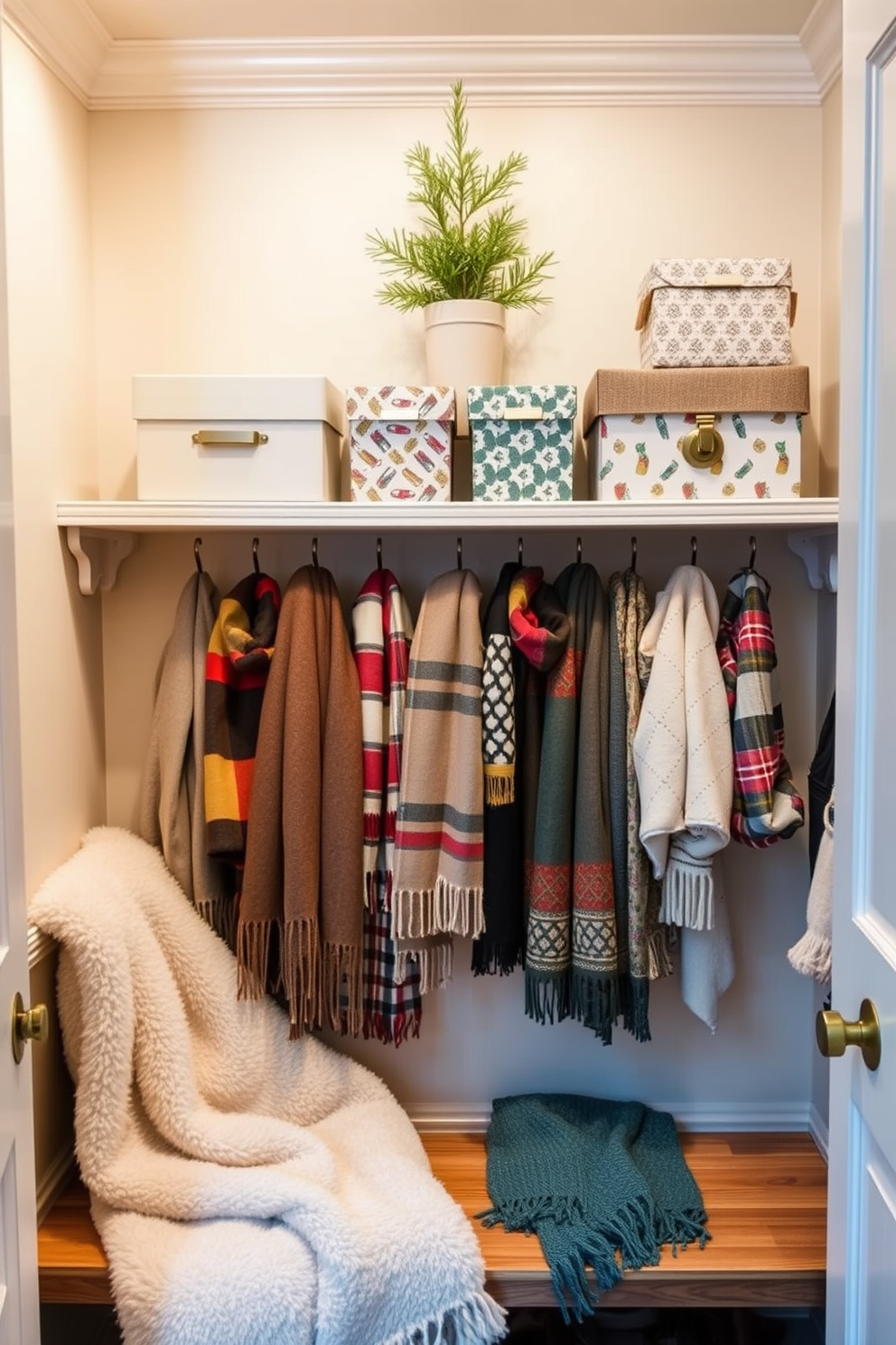 A cozy winter closet featuring warm, soft lighting that highlights a collection of stylish winter accessories. Plush throws in neutral tones are draped over a wooden bench, while a selection of colorful scarves is neatly arranged on hooks. The shelves are adorned with decorative storage boxes in festive patterns, adding a touch of seasonal charm. A small potted evergreen sits on the top shelf, bringing a hint of nature indoors amidst the winter decor.