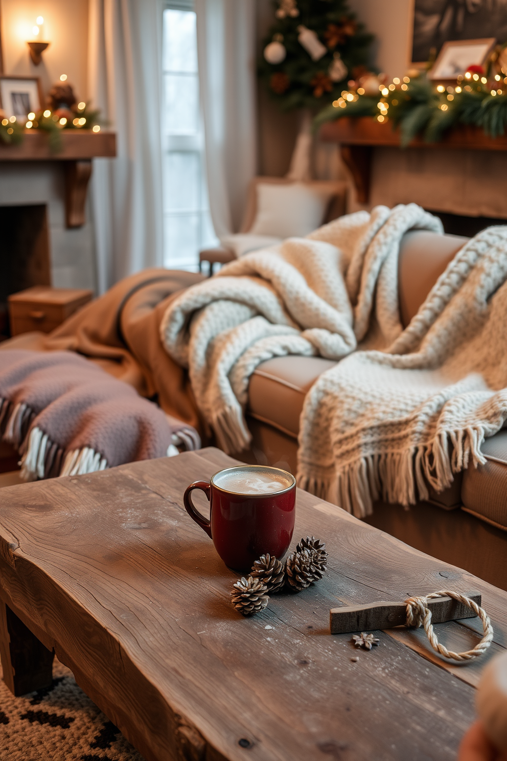 A cozy living room filled with warmth and comfort. Soft, textured blankets are draped over a plush sofa and an armchair, inviting relaxation. The space is adorned with seasonal decorations that evoke the spirit of winter. A rustic wooden coffee table holds a steaming mug of hot chocolate and a few pinecones, enhancing the cozy atmosphere.