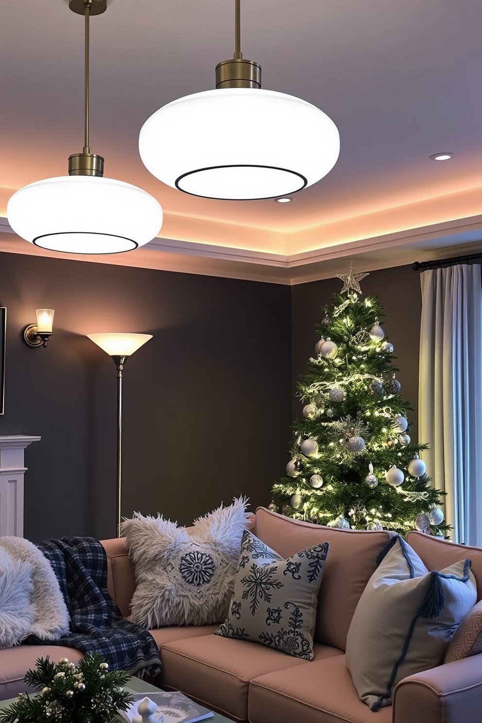 A cozy living room adorned with layered lighting featuring dimmers for adjustable ambiance. Soft white pendant lights hang from the ceiling, complemented by warm wall sconces and a stylish floor lamp in the corner. The space is decorated with winter-themed accents, including plush throw blankets and decorative pillows in icy blue and silver tones. A beautifully adorned evergreen tree stands in the corner, surrounded by twinkling fairy lights and elegant ornaments.