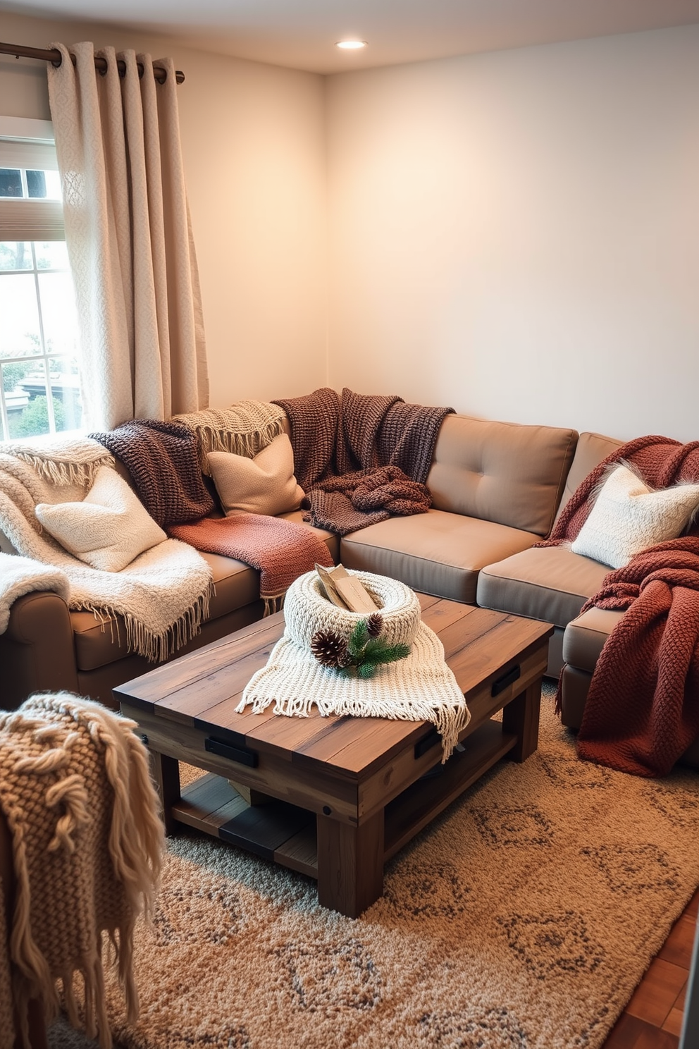 A cozy living area adorned with soft, plush throws in various textures and colors. The throws are draped over a stylish sectional sofa, creating an inviting atmosphere perfect for winter. A rustic coffee table sits in the center, complemented by a warm, knitted throw and a few seasonal decorations. The space is illuminated by soft lighting, enhancing the comfort and warmth of the winter decor.