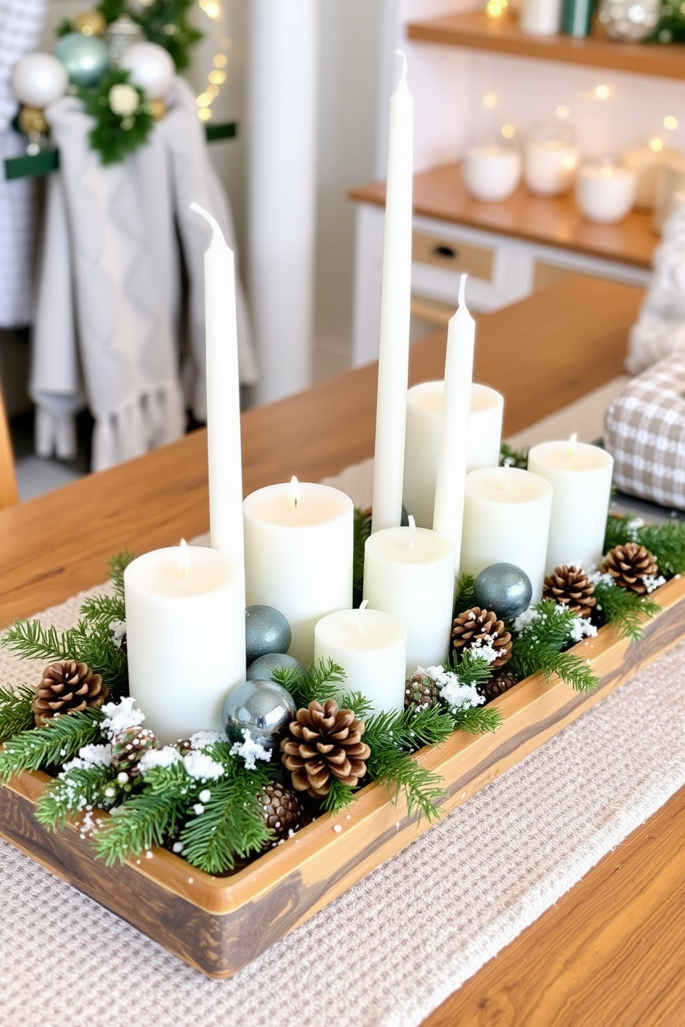 A cozy winter-themed table centerpiece features a cluster of white candles of varying heights arranged on a rustic wooden tray. Surrounding the candles are evergreen sprigs, pinecones, and a sprinkle of faux snow for a festive touch. For winter decorating ideas, incorporate soft textures like knitted table runners and plush throw blankets in cool tones. Add decorative elements like glass baubles and twinkling fairy lights to create a warm and inviting atmosphere.