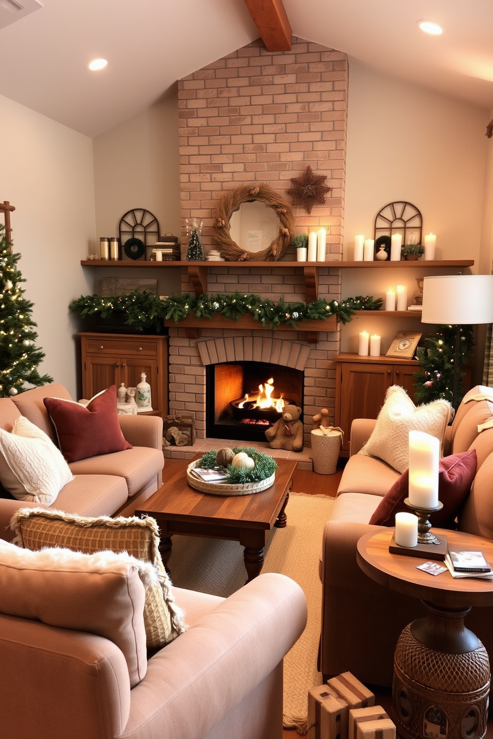 A cozy living room adorned with warm wood tones creates an inviting atmosphere. Plush seating in earthy hues is complemented by wooden accents like a coffee table and shelves filled with seasonal decor. Soft lighting enhances the ambiance, casting a warm glow over the space. Decorate with evergreen garlands and candles to evoke a sense of winter charm.